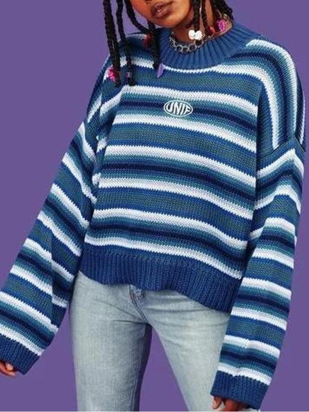 UNIF Striped Blue Crewneck Knit Sweater